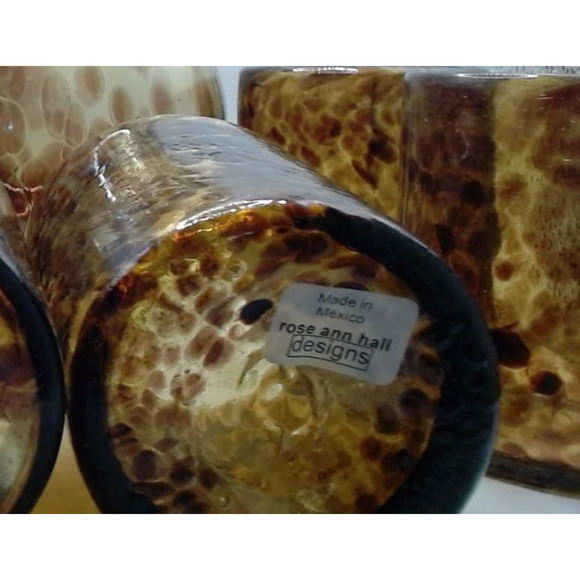 Blown Glass Tortoise Shell Leopard Mexico Rose Ann Hall Designs 6 Cups 1 Pitcher - Picture 3 of 4